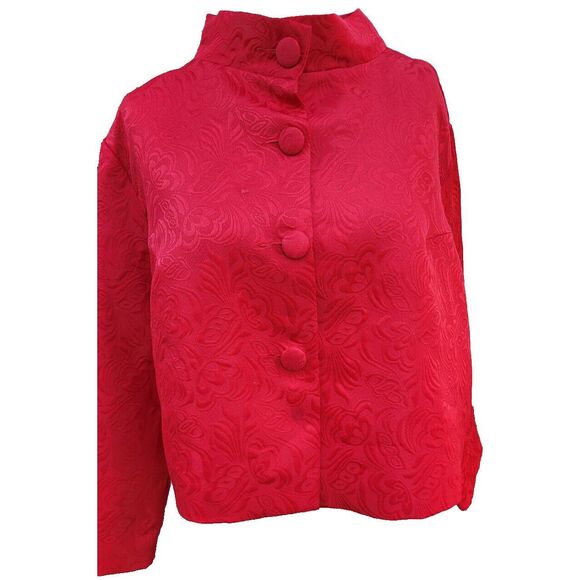 Acevog Woven Bright Red Floral Print Brocade Boxy Bolero Mandarin Collar Sz XXL - Picture 2 of 4